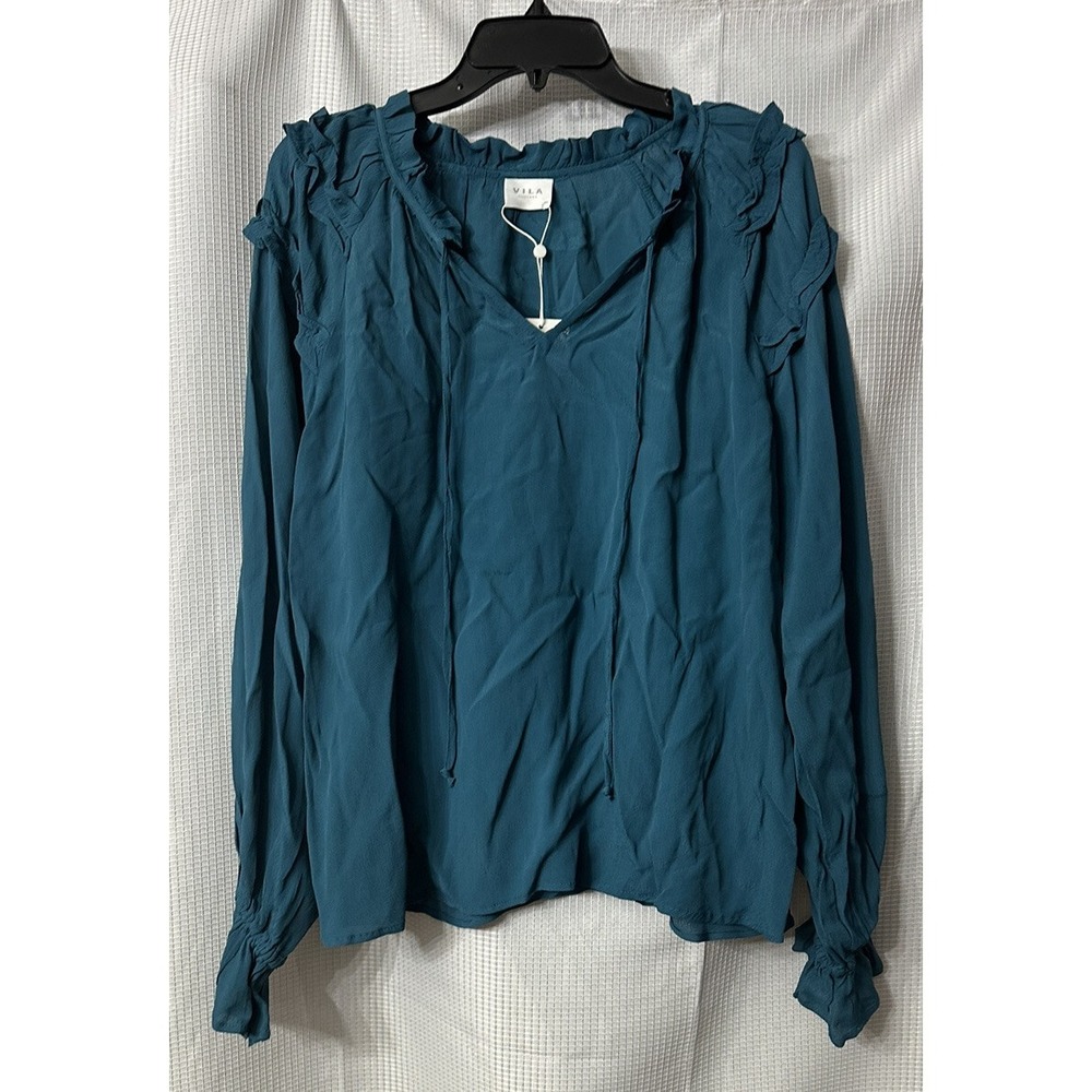 NWT Vila Viavery Womens Blue Coral Long Sleeve Top Blouse Shirt Size 38